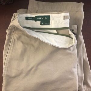 Mens Orvis Ultimate Khaki Plain Front Chino Uniform Golf Pants Trim Fit 34x34